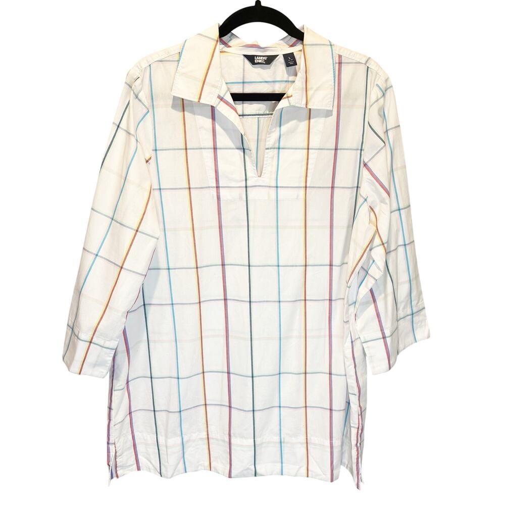 Lands' End NWT White Rainbow Plaid Split Neck Tunic - size Large